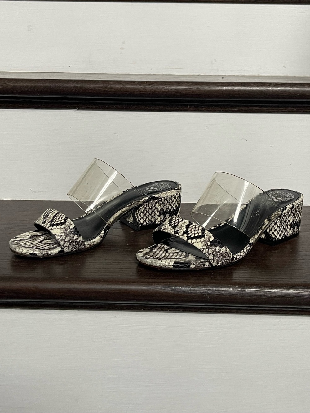 Vince Camuto Black and White Snake-Print Clear Strap Block Heel Mules